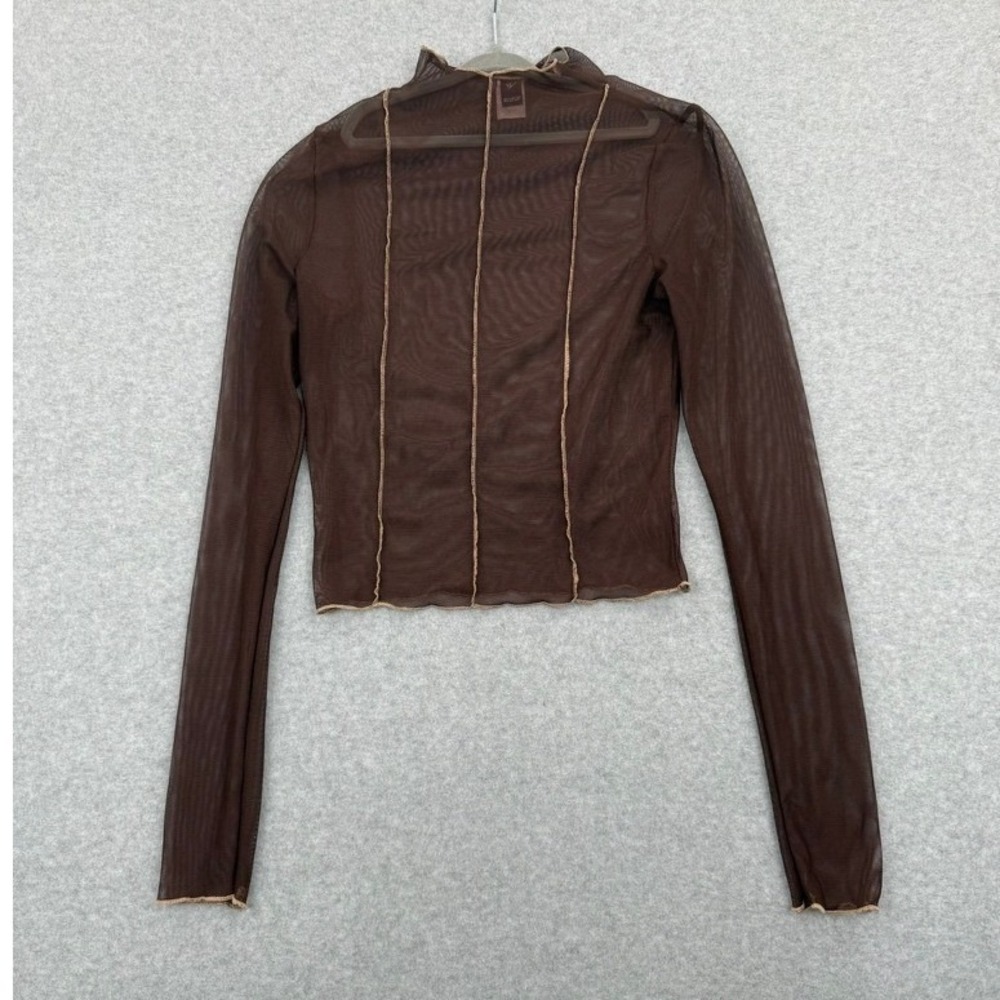 Windsor Mesh Top Womens Medium Brown Y2K Edgy Sheer Exposed Seam Mock Neck